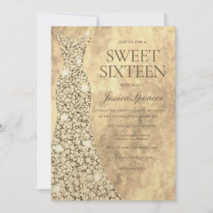 Sparkling Gold Glitter Dress Gown Sweet 16 Sixteen Invitation