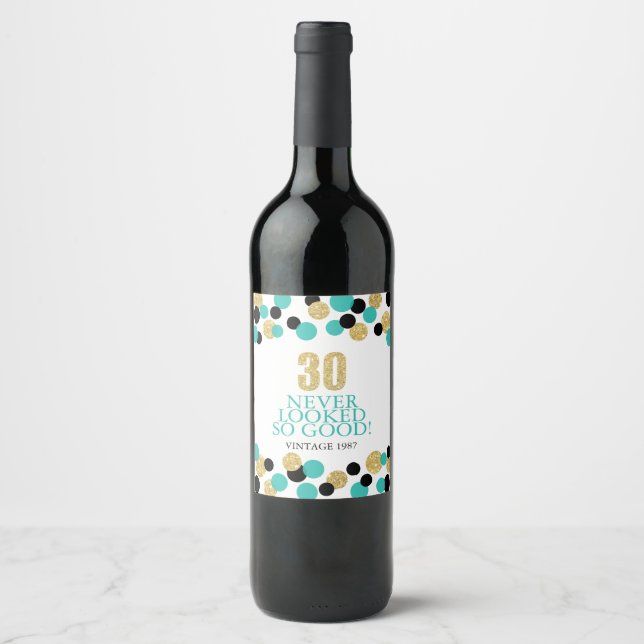 Sparkling Gold Glitter Teal Confetti 30th Birthday Wine Label (Front)