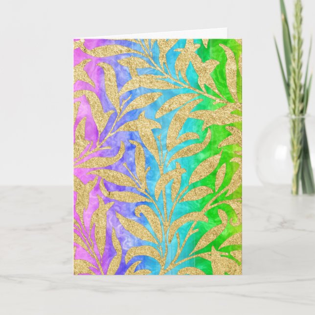 Sparkling gold leaf pattern rainbow of colours card (Front)