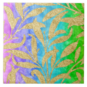 Sparkling gold leaf pattern rainbow of colours ceramic tile