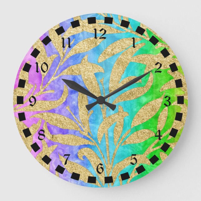 Sparkling gold leaf pattern rainbow of colours large clock (Front)