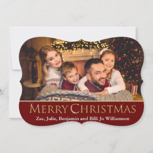 Sparkling Gold Merry Christmas on Red Fancy Photo Holiday Card