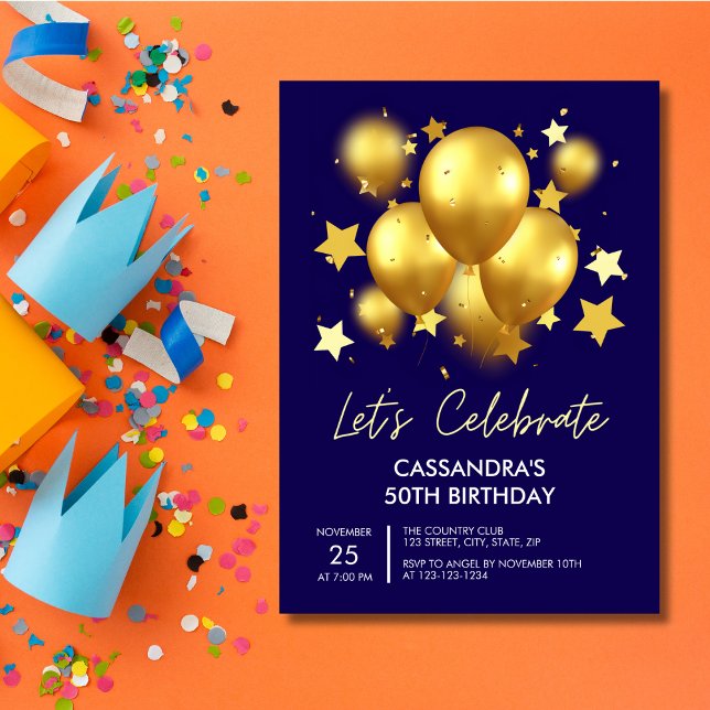 Sparkling Golden Balloons Stars Navy Birthday  Invitation (Creator Uploaded)