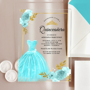 Sparkling Gown Aqua Blue Floral Gold Quinceanera Acrylic Invitations