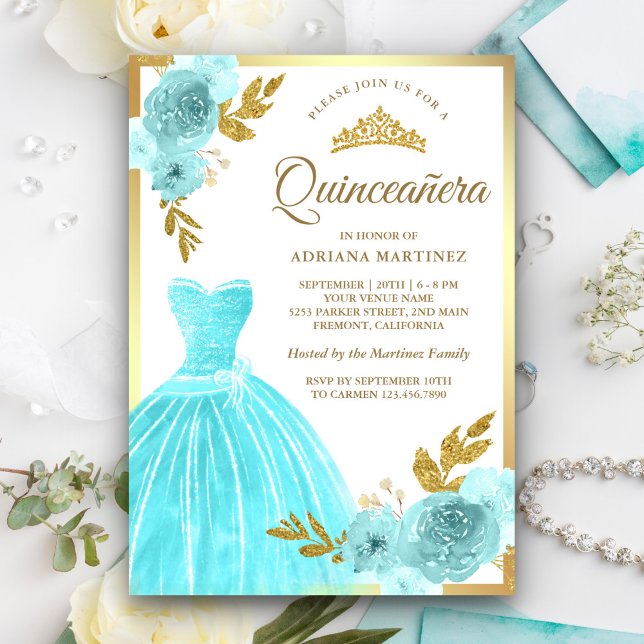 Sparkling Gown Aqua Blue Floral Gold Quinceanera Invitation (Creator Uploaded)