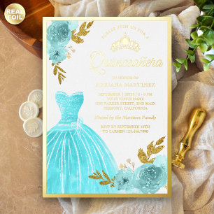Sparkling Gown Aqua Blue Floral Quinceanera Gold
