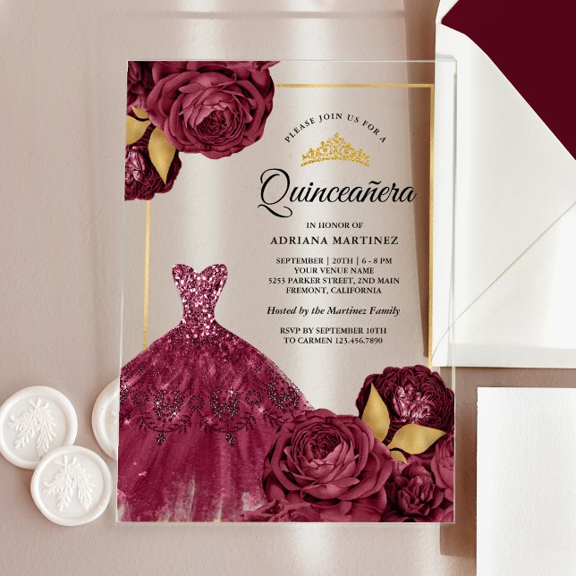 Sparkling Gown Burgundy Floral Gold Quinceanera Acrylic Invitations (Creator Uploaded)