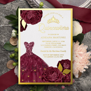Sparkling Gown Burgundy Floral Quinceanera Gold