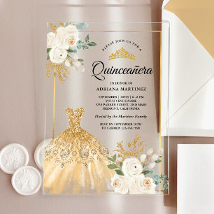 Sparkling Gown Ivory Floral Gold Quinceanera Acrylic Invitations