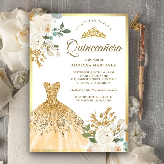 Sparkling Gown Ivory Floral Gold Quinceanera Invitation (Creator Uploaded)