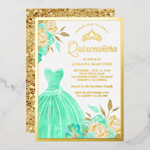 Sparkling Gown Mint Green Floral Quinceanera Gold