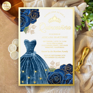 Sparkling Gown Navy Blue Roses Quinceanera Gold