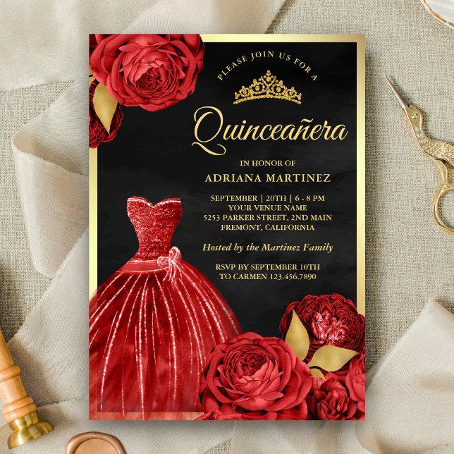 Sparkling Gown Red Roses Black Gold Quinceanera Invitation (Creator Uploaded)