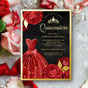 Sparkling Gown Red Roses Black Quinceanera Gold