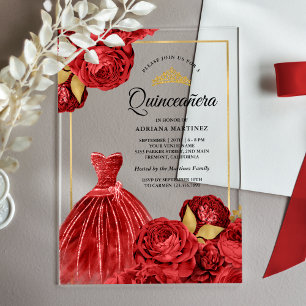 Sparkling Gown Red Roses Gold Quinceanera Acrylic Invitations