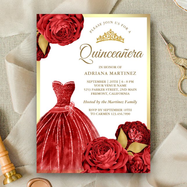 Sparkling Gown Red Roses Gold Quinceanera Invitation (Creator Uploaded)
