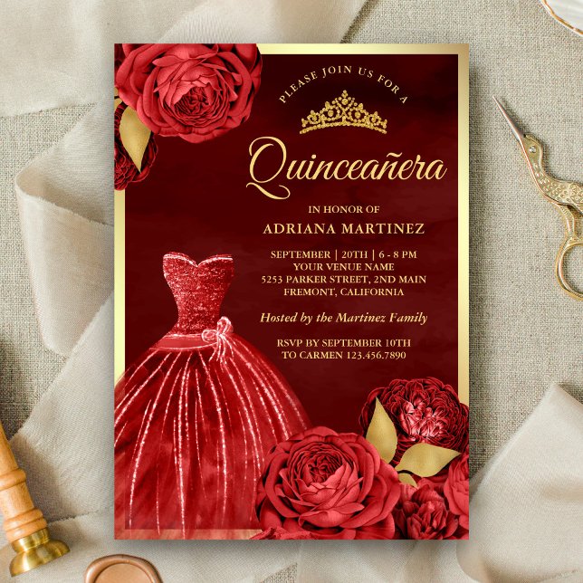 Sparkling Gown Red Roses Maroon Gold Quinceanera Invitation (Creator Uploaded)
