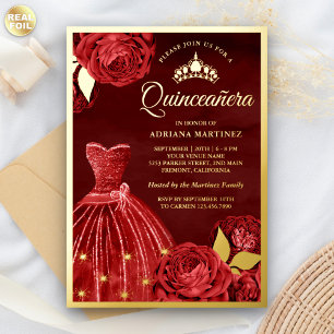 Sparkling Gown Red Roses Maroon Quinceanera Gold