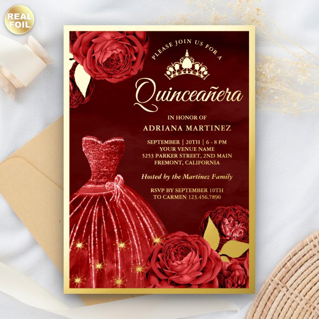 Sparkling Gown Red Roses Maroon Quinceanera Gold (Creator Uploaded)