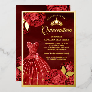 Sparkling Gown Red Roses Maroon Quinceanera Gold