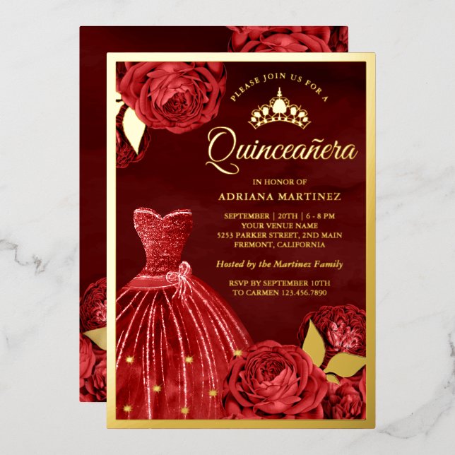 Sparkling Gown Red Roses Maroon Quinceanera Gold (Front/Back)