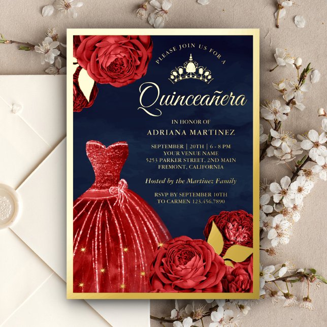Sparkling Gown Red Roses Navy Quinceanera Gold (Creator Uploaded)