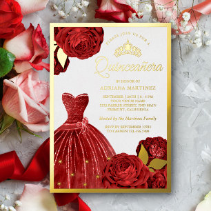 Sparkling Gown Red Roses Quinceanera Gold