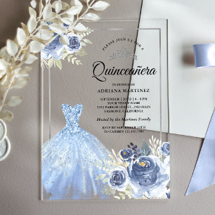 Sparkling Gown Soft Blue Roses Silver Quinceanera Acrylic Invitations