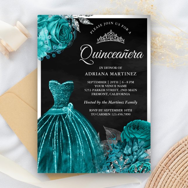 Sparkling Gown Teal Roses Black Silver Quinceanera Invitation (Creator Uploaded)