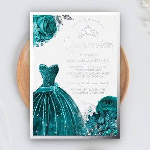 Sparkling Gown Teal Roses Quinceanera