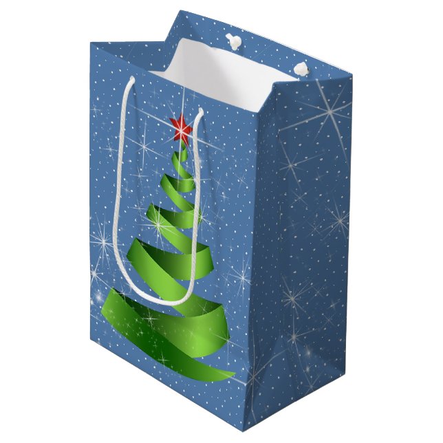 Sparkling Green Ribbon Christmas Tree Medium Gift Bag (Front Angled)