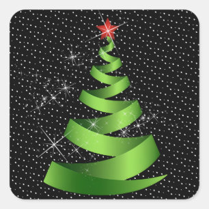 Sparkling Green Ribbon Christmas Tree Square Sticker