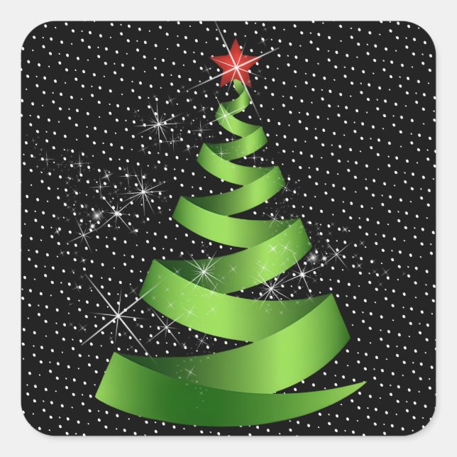 Sparkling Green Ribbon Christmas Tree Square Sticker (Front)