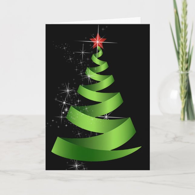 Sparkling Green Ribbon Christmas Trees Holiday Card (Front)