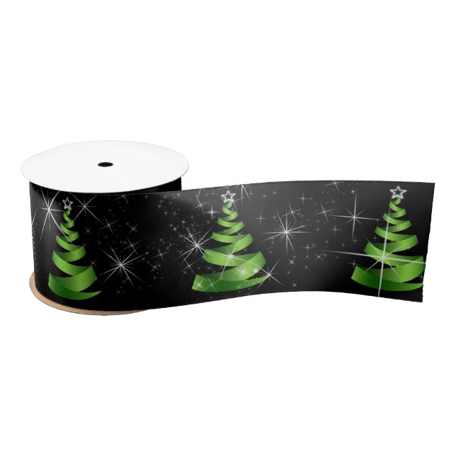 Sparkling Green Ribbon Christmas Trees On Black Satin Ribbon (Spool)