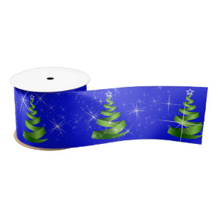 Sparkling Green Ribbon Christmas Trees On Blue Satin Ribbon