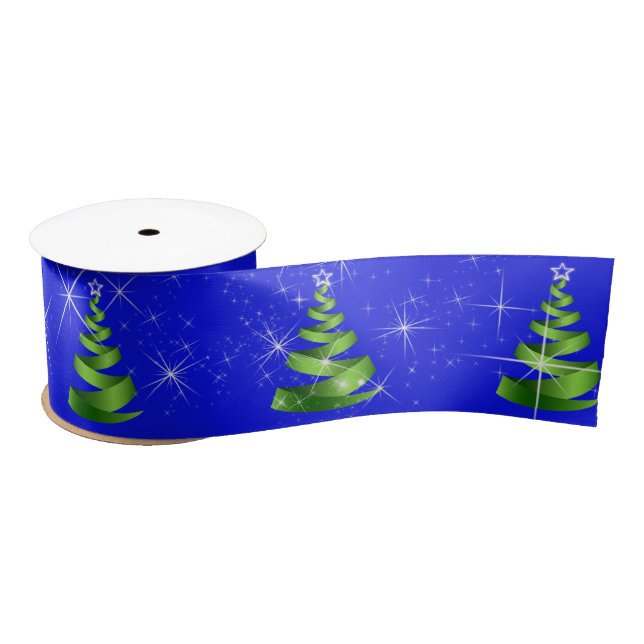 Sparkling Green Ribbon Christmas Trees On Blue Satin Ribbon (Spool)