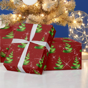 Sparkling Green Ribbon Christmas Trees On Red Wrapping Paper