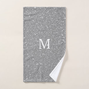 Sparkling Grey Glitter Grey White Monogram Initial Hand Towel