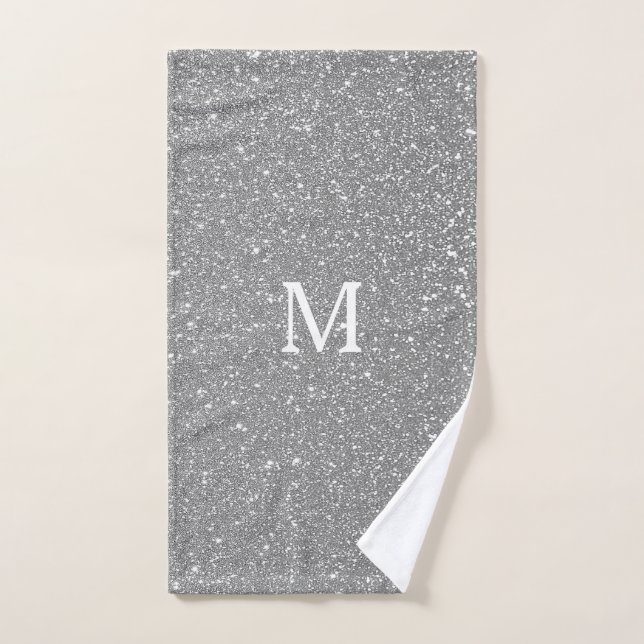 Sparkling Grey Glitter Grey White Monogram Initial Hand Towel (Hand Towel)