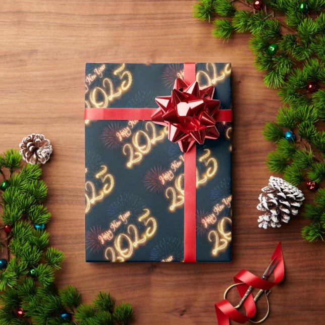 Sparkling Happy New Year 2025 Fireworks Wrapping Paper (Holiday Gift)