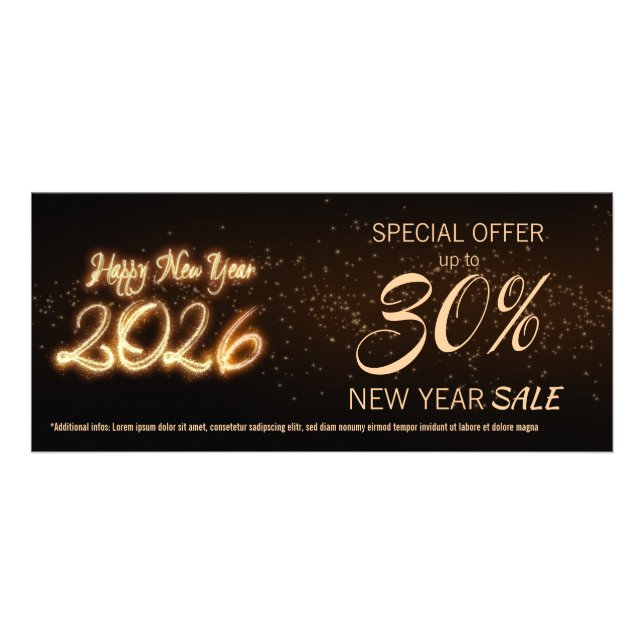 Sparkling Happy New Year 2026 Fireworks Discount Rack Card (Front)