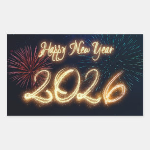 Sparkling Happy New Year 2026 Fireworks Rectangular Sticker