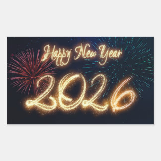 Sparkling Happy New Year 2026 Fireworks Rectangular Sticker