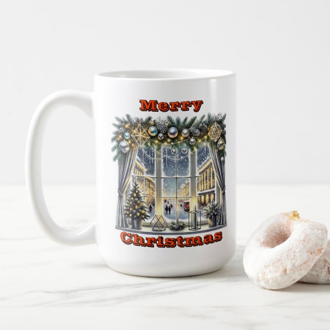 Sparkling Holiday Window Scene Coffee Mug (With Donut)