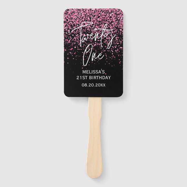 Sparkling Hot Pink Glitter Black 21st Birthday Hand Fan (Front)