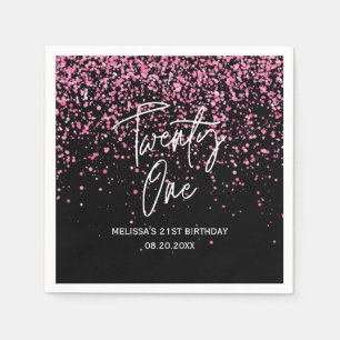 Sparkling Hot Pink Glitter Black 21st Birthday Napkin