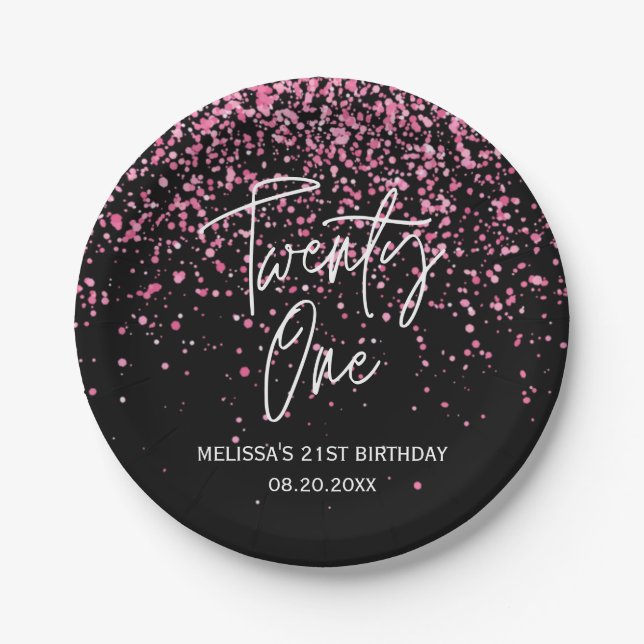 Sparkling Hot Pink Glitter Black 21st Birthday Paper Plate (Front)
