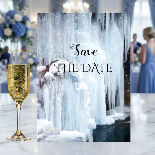 Sparkling Ice Winter Wedding Save the Date Card (Winter wedding Save the Date card featuring a frozen waterfall with sparkling light snow flakes)