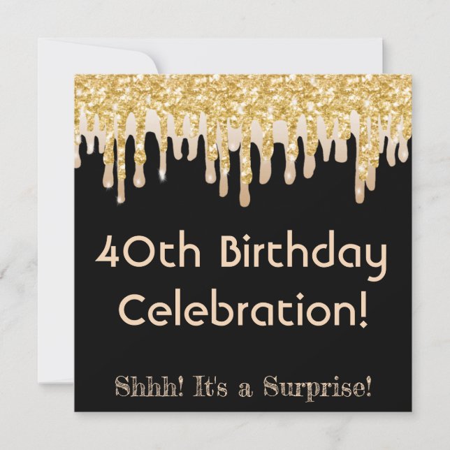 Sparkling Latte, Gold Glitter Drips 40th Birthday Invitation (Front)
